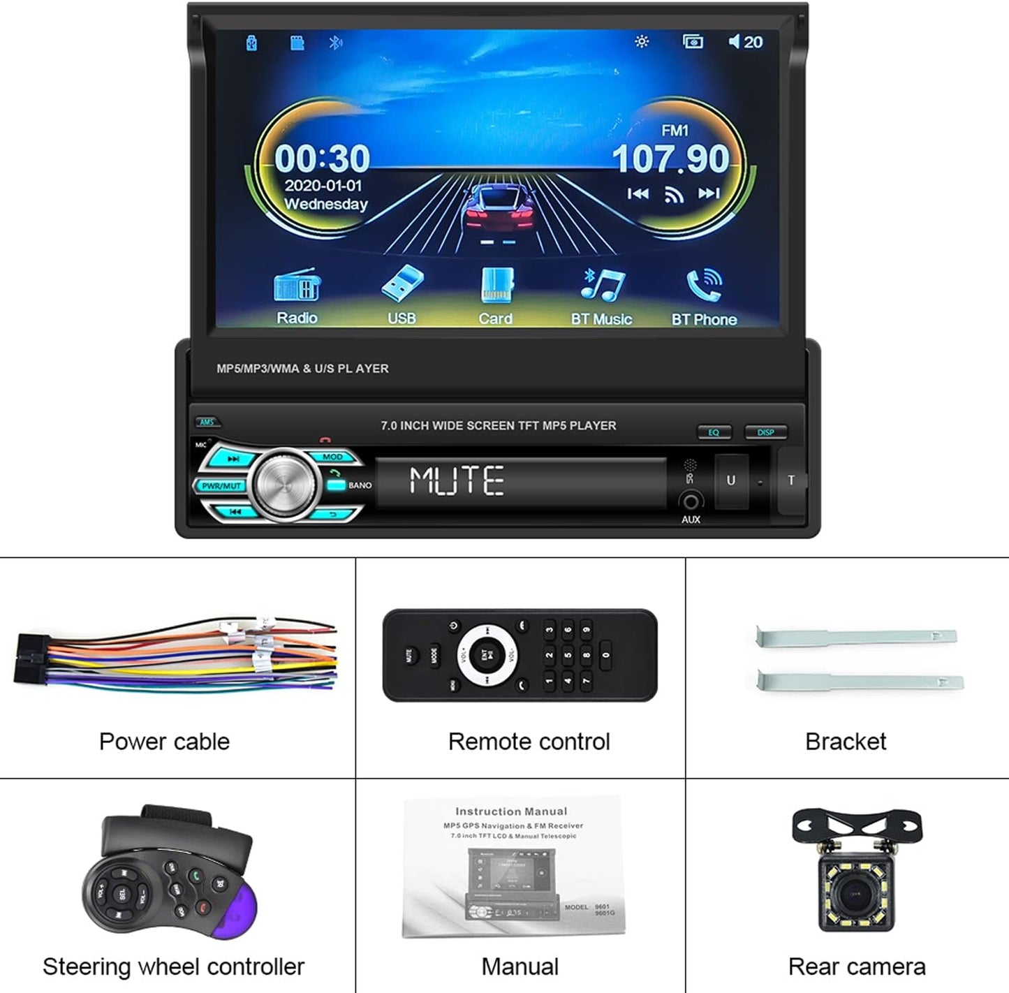 Single Din Car Stereo with Carplay Android Auto 7’’ HD Retractable Touch Screen Car MP5 Player Support Bluetooth FM Radio Mirror Link Car Multimedia Player with Rear View Camera SWC USB TF Card Aux-In