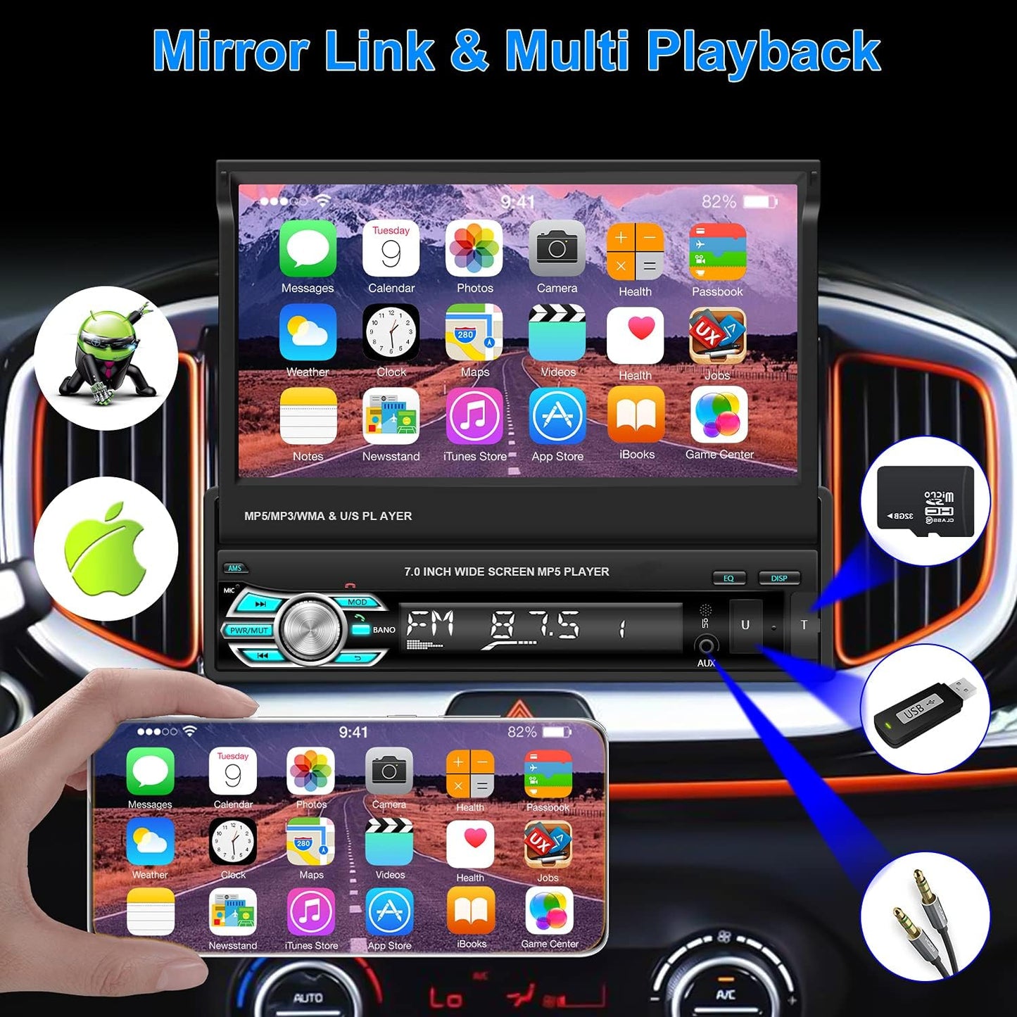 Single Din Car Stereo with Carplay Android Auto 7’’ HD Retractable Touch Screen Car MP5 Player Support Bluetooth FM Radio Mirror Link Car Multimedia Player with Rear View Camera SWC USB TF Card Aux-In