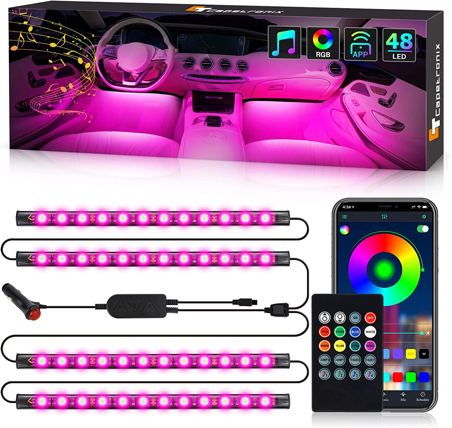 LED Lights for Car, Car LED Lights Car Accessories, App Control with Remote, Music Sync Interior Car Lights, DIY, under Dash RGB LED Strip Lights for Car, Truck (12V DC with Charger).