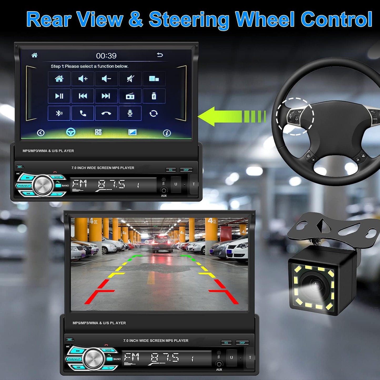 Single Din Car Stereo with Carplay Android Auto 7’’ HD Retractable Touch Screen Car MP5 Player Support Bluetooth FM Radio Mirror Link Car Multimedia Player with Rear View Camera SWC USB TF Card Aux-In