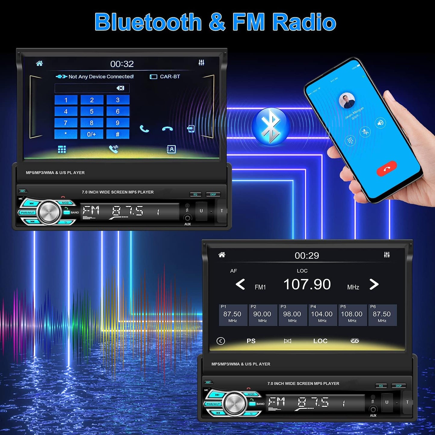 Single Din Car Stereo with Carplay Android Auto 7’’ HD Retractable Touch Screen Car MP5 Player Support Bluetooth FM Radio Mirror Link Car Multimedia Player with Rear View Camera SWC USB TF Card Aux-In