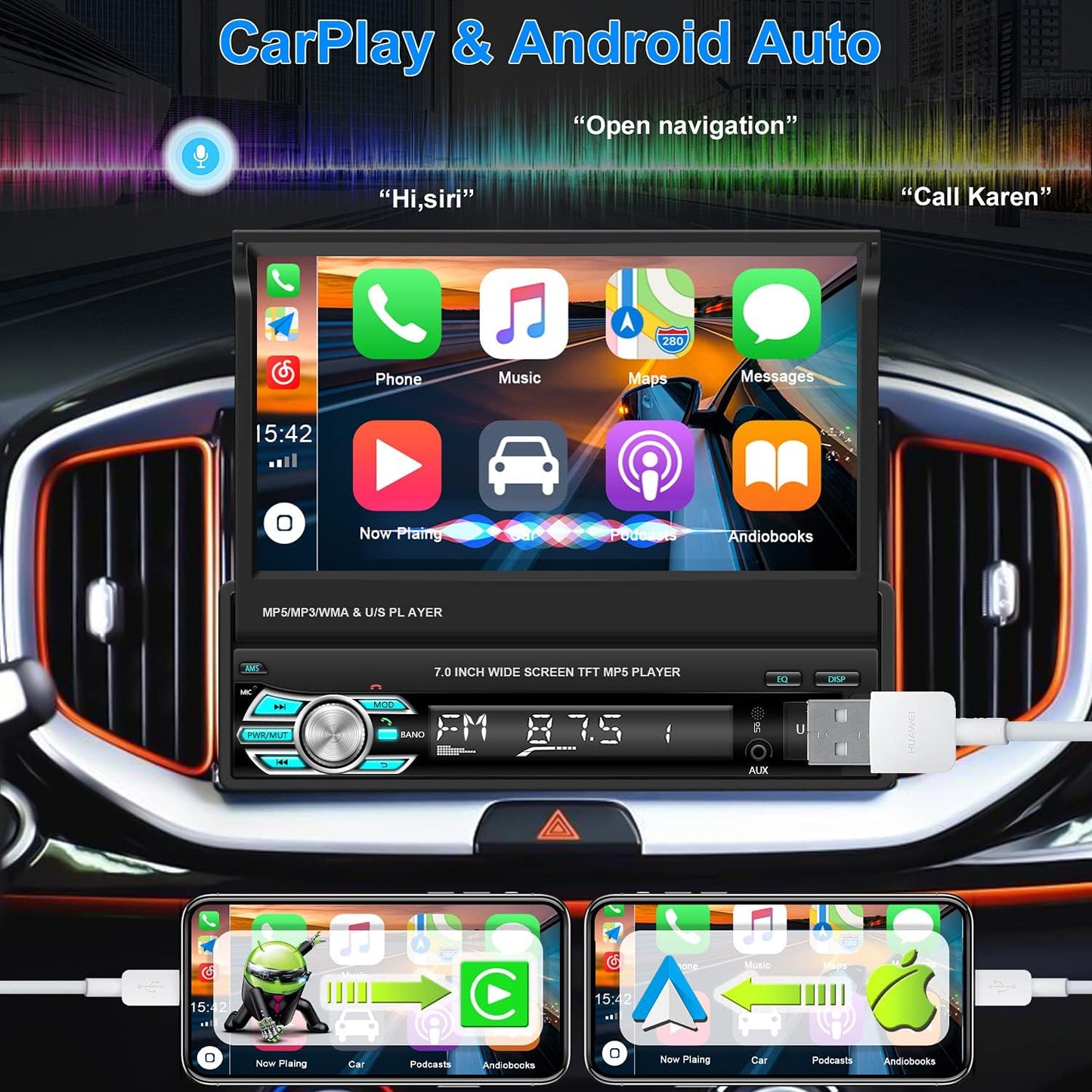 Single Din Car Stereo with Carplay Android Auto 7’’ HD Retractable Touch Screen Car MP5 Player Support Bluetooth FM Radio Mirror Link Car Multimedia Player with Rear View Camera SWC USB TF Card Aux-In