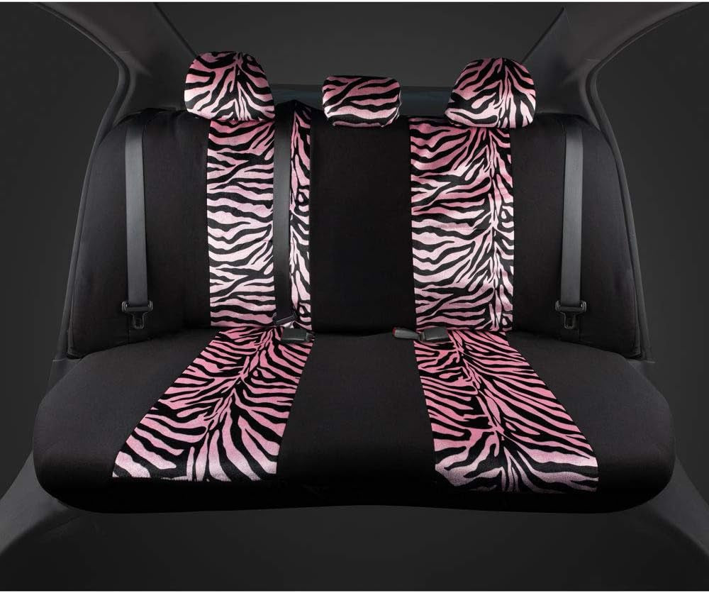Velvet Zebra Pink Car Seat Covers, Full Set with Seat Belt Pads & Steering Wheel Cover, Universal Fit