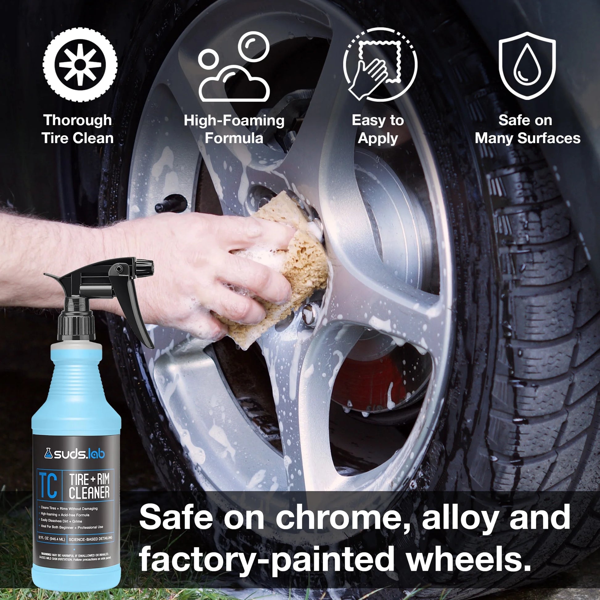 Suds Lab TC Foaming Tire Cleaner, Acid-Free Foaming Cleaning Solution, Safe for All Finishes, Home Car Detailing Wash, 32 Oz.