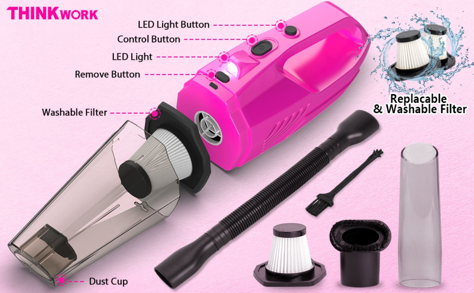 Pink Portable Vacuum Kit, Car Cleaning Kit with 8000PA Cordless Rechargeable Handheld Vacuum Cleaner,Car Interior Detailing Brush Set, Car Accessories for Cleaning, Gift for Women