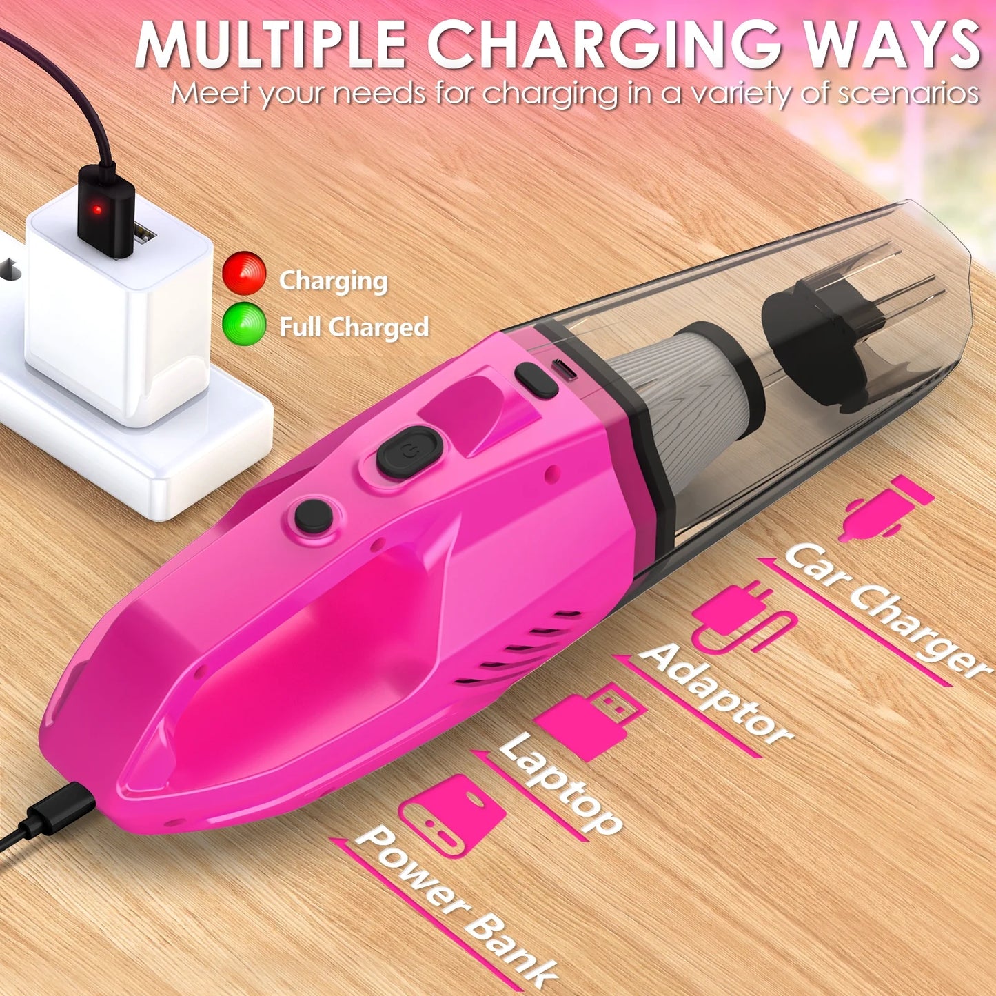 Pink Portable Vacuum Kit, Car Cleaning Kit with 8000PA Cordless Rechargeable Handheld Vacuum Cleaner,Car Interior Detailing Brush Set, Car Accessories for Cleaning, Gift for Women