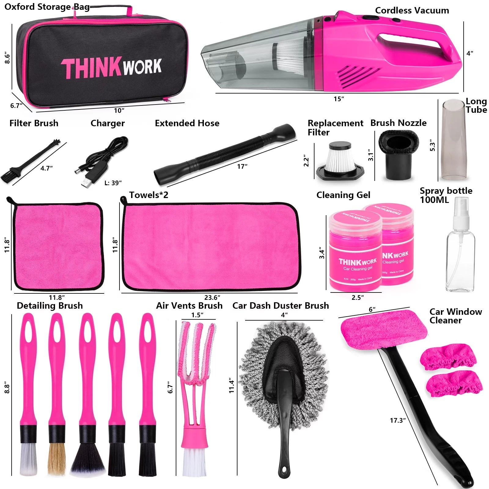 Pink Portable Vacuum Kit, Car Cleaning Kit with 8000PA Cordless Rechargeable Handheld Vacuum Cleaner,Car Interior Detailing Brush Set, Car Accessories for Cleaning, Gift for Women