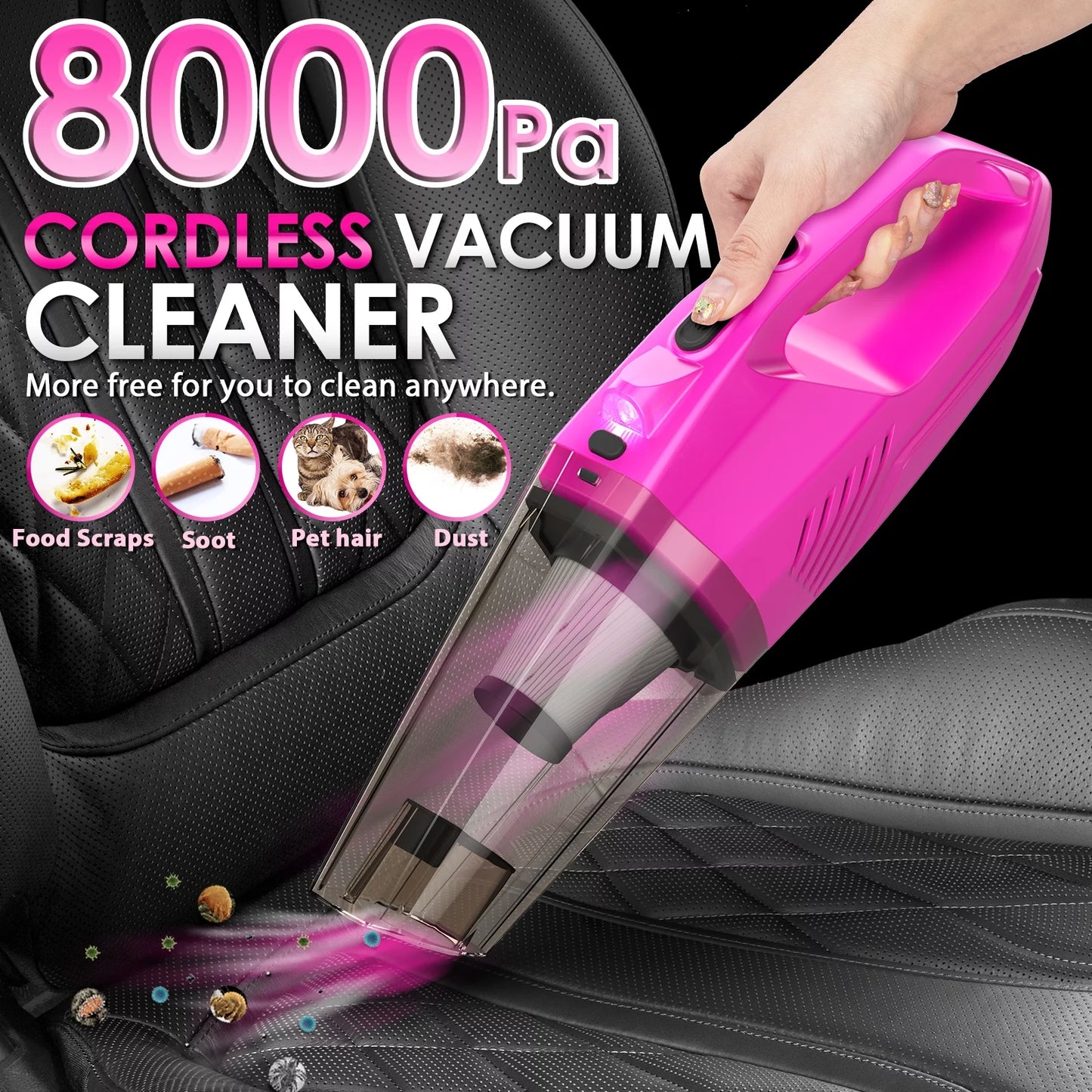 Pink Portable Vacuum Kit, Car Cleaning Kit with 8000PA Cordless Rechargeable Handheld Vacuum Cleaner,Car Interior Detailing Brush Set, Car Accessories for Cleaning, Gift for Women