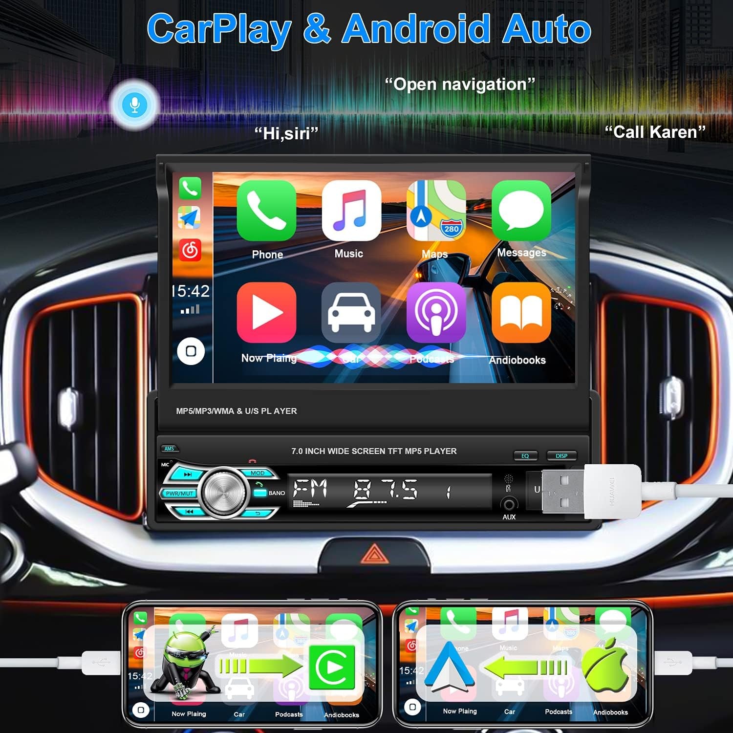 Single Din Car Stereo with Carplay Android Auto 7’’ HD Retractable Touch Screen Car MP5 Player Support Bluetooth FM Radio Mirror Link Car Multimedia Player with Rear View Camera SWC USB TF Card Aux-In