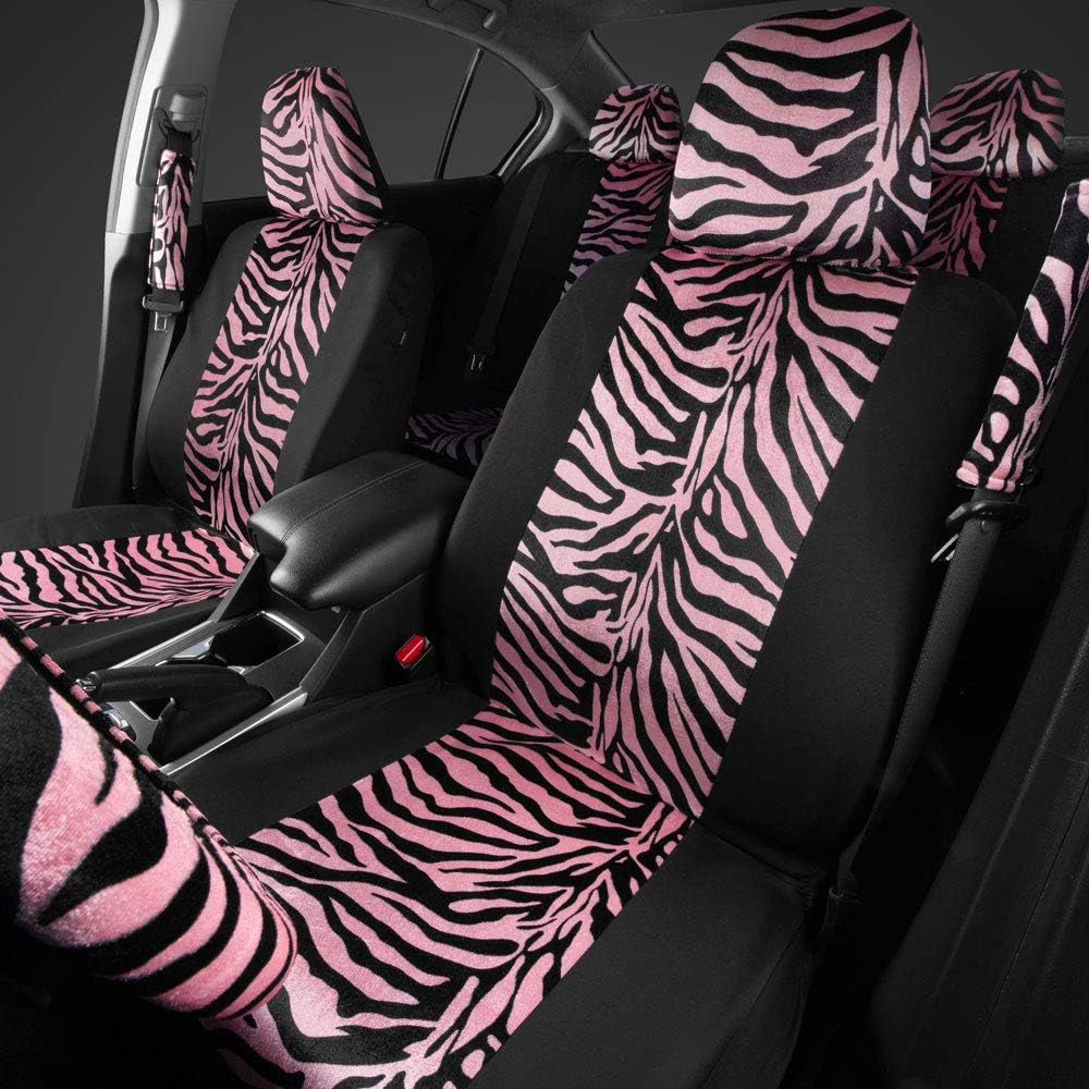 Velvet Zebra Pink Car Seat Covers, Full Set with Seat Belt Pads & Steering Wheel Cover, Universal Fit