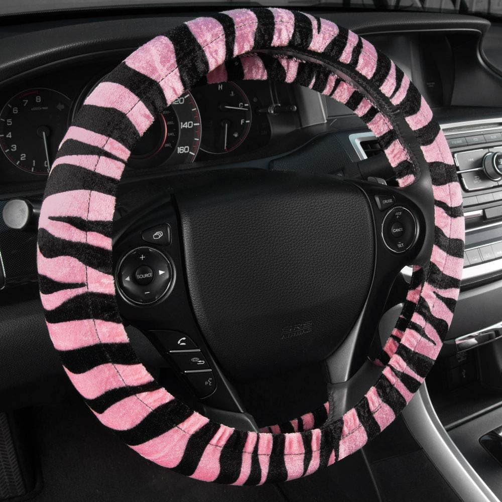 Velvet Zebra Pink Car Seat Covers, Full Set with Seat Belt Pads & Steering Wheel Cover, Universal Fit