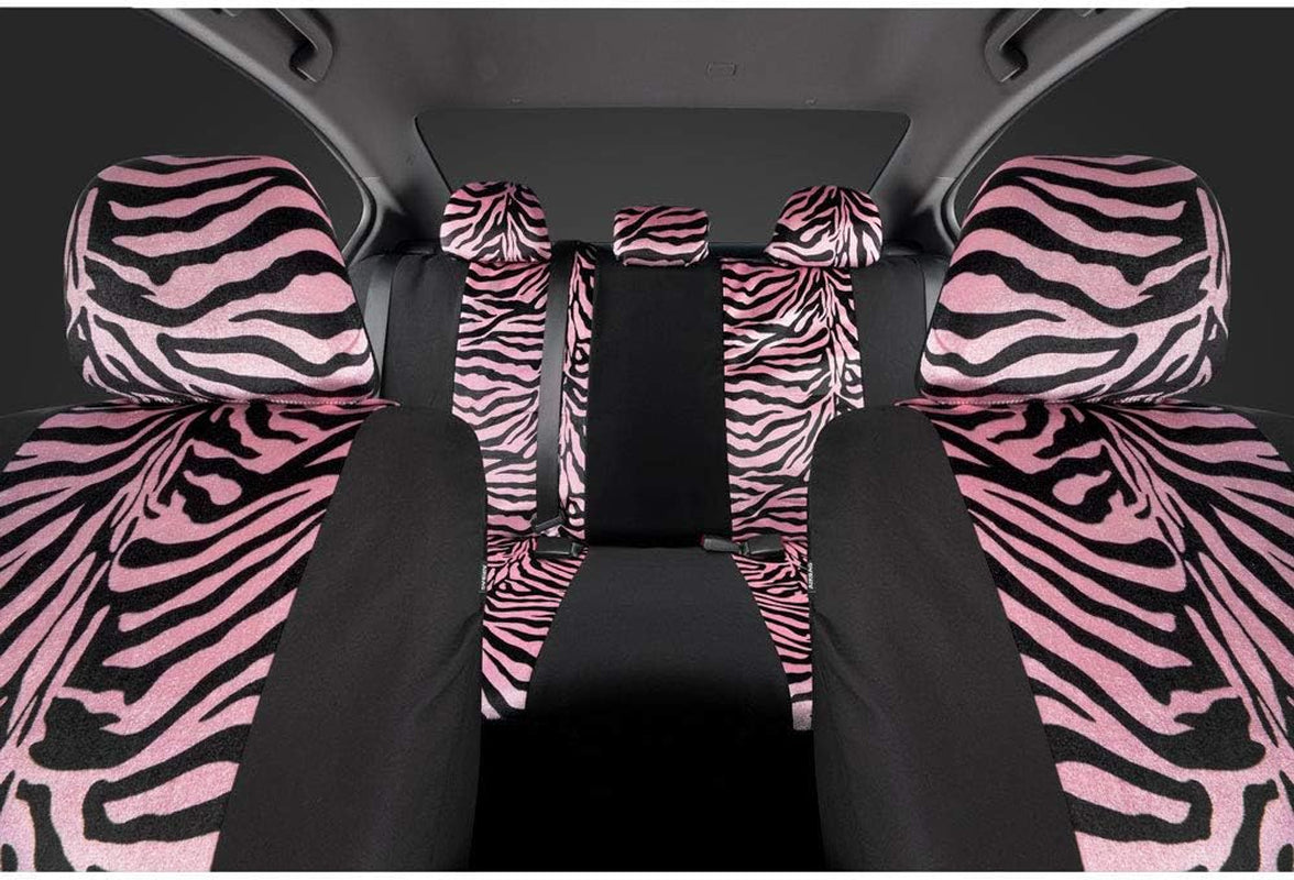 Velvet Zebra Pink Car Seat Covers, Full Set with Seat Belt Pads & Steering Wheel Cover, Universal Fit