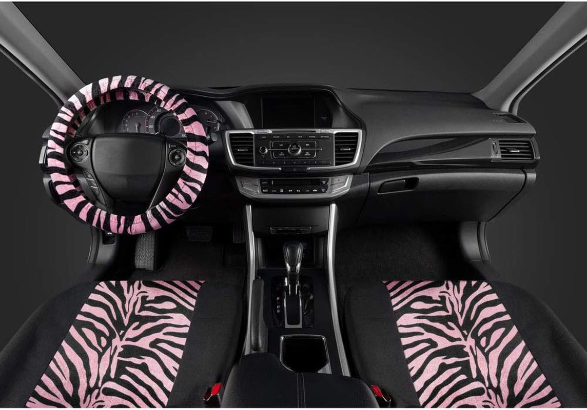 Velvet Zebra Pink Car Seat Covers, Full Set with Seat Belt Pads & Steering Wheel Cover, Universal Fit