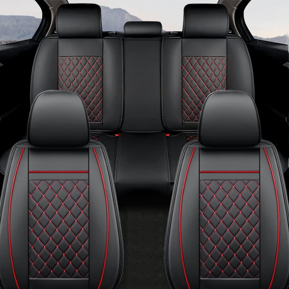 Car Seat Covers Full Set with Waterproof Leather Car Seat Protectors Covers Automotive Vehicle Cushion Cover Universal Fit for Most Cars (Black+Red)